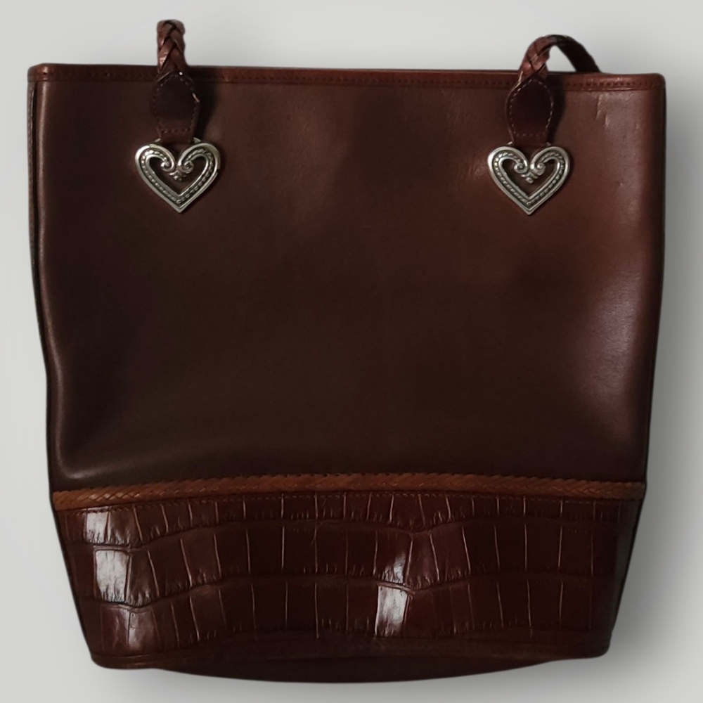 Brighton Leather Shoulder Tote Bag Brown Croc Embossed Trim Braided Straps Heart - Picture 2 of 12